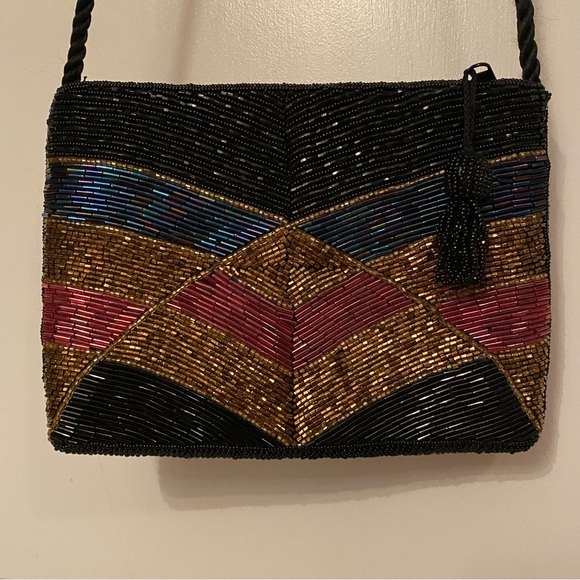 TANO BAG VINTAGE BEADED CROSSBODY SHOULDER BLACK GOLD RED BLUE LONG STRAP ZIP - Picture 1 of 13